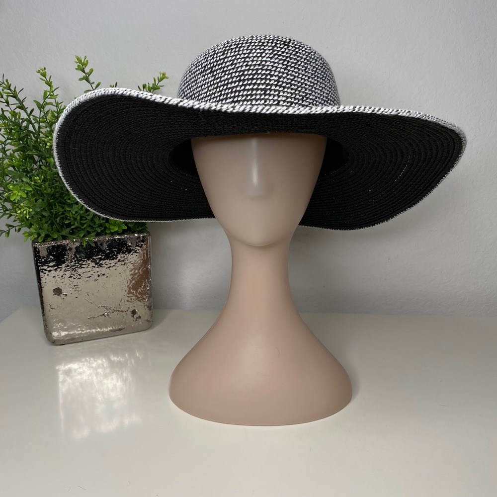 Woven Paper Straw Wide Brim Sun Hat Black White‎ Marled Brown Ribbon Bow